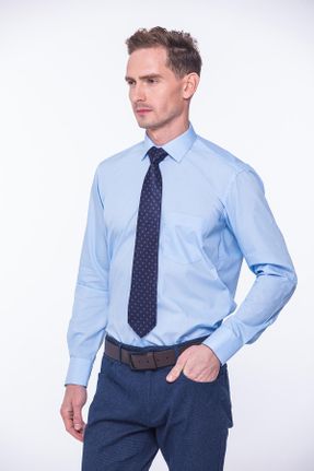 پیراهن آبی مردانه پنبه - پلی استر یقه نیمه ایتالیایی رگولار کد 312181217