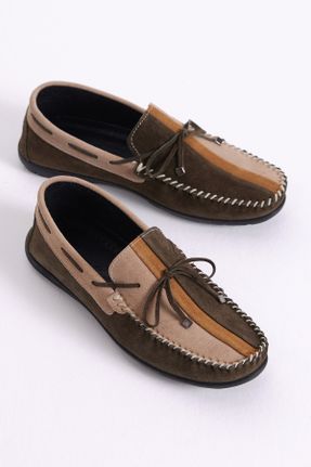 کفش لوفر خاکی مردانه چرم طبیعی پاشنه کوتاه ( 4 - 1 cm ) کد 708803663
