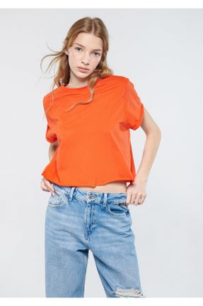 تی شرت نارنجی زنانه کراپ یقه گرد پنبه (نخی) تکی بیسیک کد 361974465