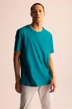 تی شرت فیروزه ای مردانه رگولار یقه گرد پنبه (نخی) تکی کد 642200738
