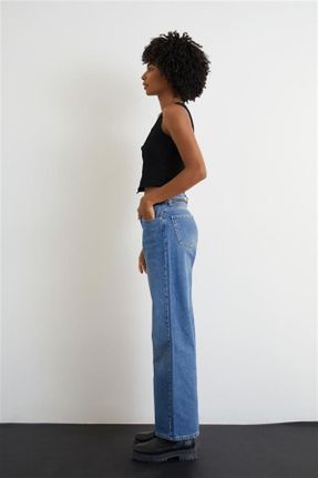 شلوار جین آبی زنانه پاچه گشاد فاق بلند جین بلند کد 773945141