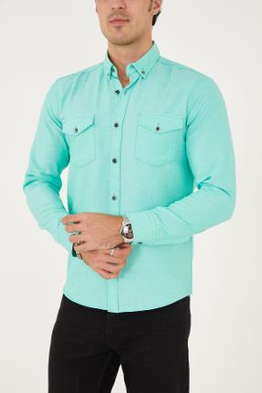 پیراهن سبز مردانه اسلیم فیت یقه پیراهنی پنبه - پلی استر کد 774291244