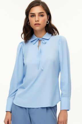 بلوز آبی زنانه یقه پیراهنی پنبه (نخی) آستین استاندارد کد 775814887