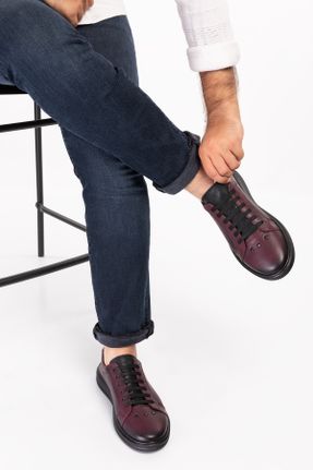 کفش اسنیکر زرشکی مردانه چرم طبیعی بند دار چرم طبیعی کد 739611667