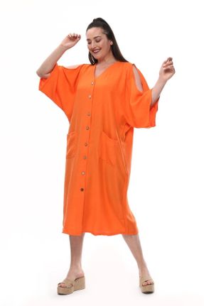 لباس نارنجی زنانه کتان سایز بزرگ بافتنی کد 674577487
