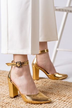 کفش پاشنه بلند کلاسیک طلائی زنانه ساتن پاشنه ضخیم پاشنه متوسط ( 5 - 9 cm ) کد 716476661