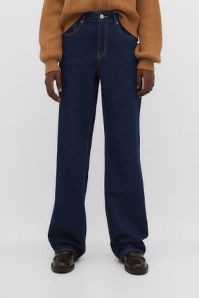 شلوار جین آبی زنانه پاچه گشاد فاق بلند پنبه (نخی) ساده استاندارد کد 775719763