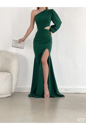لباس مجلسی سبز زنانه کرپ اسلیم یقه آسیمتریک بدون آستر کد 775744856