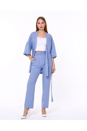ست بالاتنه و پائین تنه آبی زنانه بافتنی 1Moda1Tarz - کد 775563276