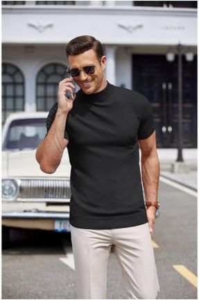 تی شرت مشکی مردانه اسلیم فیت یقه نیم اسکی تکی پوشاک ورزشی کد 641787438