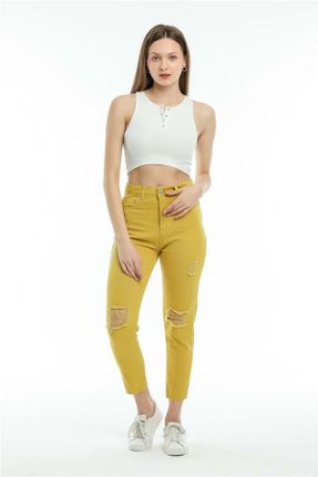 شلوار جین زرد زنانه پاچه لوله ای ساده کد 98507667