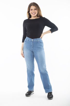 شلوار جین سایز بزرگ آبی زنانه پاچه لوله ای فاق نرمال بلند جین کد 776462605
