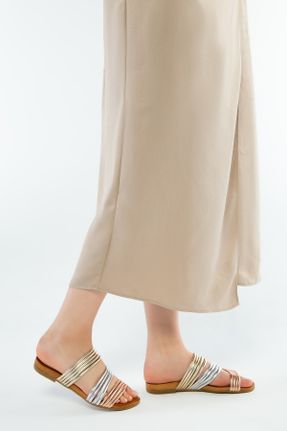 دمپائی طلائی زنانه چرم طبیعی پاشنه ساده پاشنه کوتاه ( 4 - 1 cm ) کد 709598041