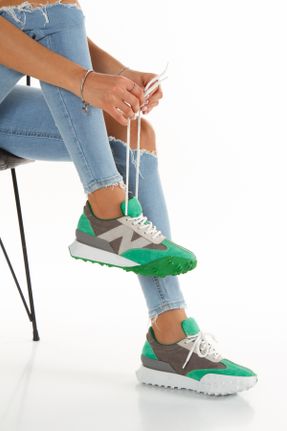 کفش اسنیکر سبز زنانه بند دار چرم مصنوعی کد 777301707