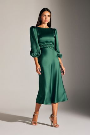 لباس مجلسی سبز زنانه ساتن آستین استاندارد رگولار یقه گرد بدون آستر کد 777711955