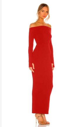 لباس قرمز زنانه بافت کرپ قلمی شانه باز پارتی کد 778152754