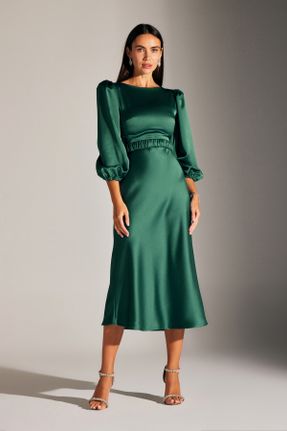 لباس مجلسی سبز زنانه ساتن آستین استاندارد رگولار یقه گرد بدون آستر کد 777711955