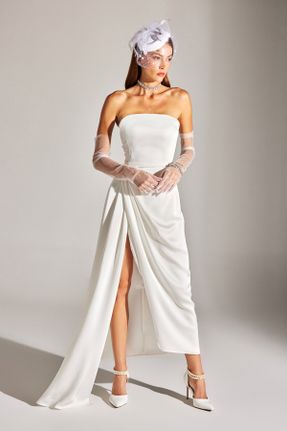 لباس مجلسی سفید زنانه رگولار بافت استراپلز آستین استاندارد بدون آستر کد 778578999