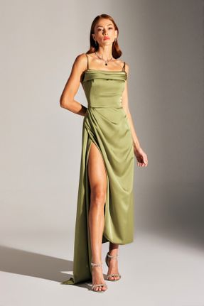 لباس مجلسی خاکی زنانه آویزی یقه دگاژه ساتن رگولار بدون آستر کد 778861976