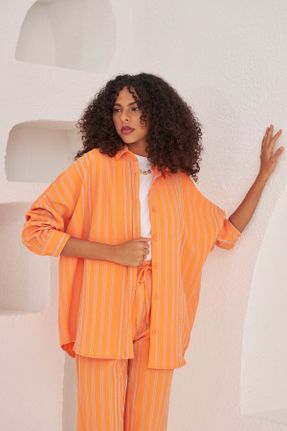 پیراهن نارنجی زنانه راحت یقه پیراهنی پلی استر کد 779436748