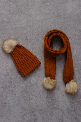 ست شال گردن و کلاه پشمی و دستکش قهوه ای بچه گانه پنبه ای ADA BEBEK ÇOCUK - کد 776885156