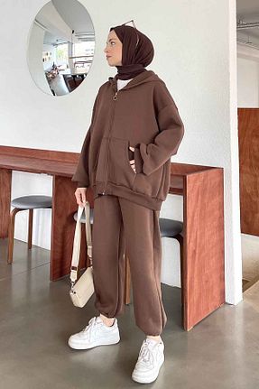 ست گرمکن حجاب قهوه ای زنانه رگولار lamelif - کد 780010591
