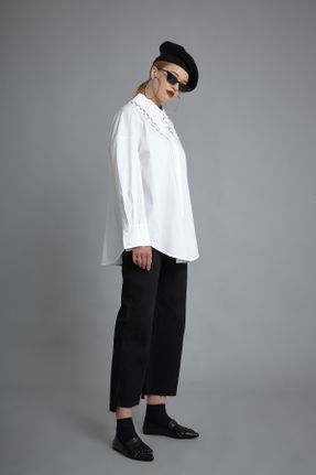 پیراهن سفید زنانه پنبه (نخی) یقه پیراهنی رگولار کد 780610111