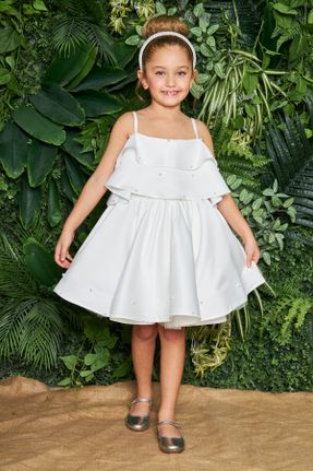 لباس مجلسی سفید بچه گانه ساتن بدون آستین رگولار استراپلز آستر دار کد 780487991