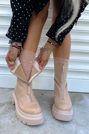 بوت / نیم بوت بژ زنانه پاشنه تخت Shoebutik - کد 780254686