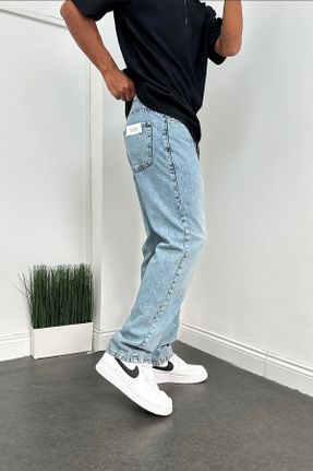 شلوار آبی مردانه پنبه (نخی) جین پاچه گشاد فاق بلند راحت کد 780402476