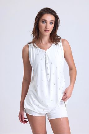 بلوز سفید زنانه طرح دار رگولار بدون آستین کد 780903659