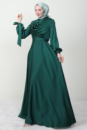 لباس مجلسی سبز زنانه یقه گرد ساتن A-line کد 780964006