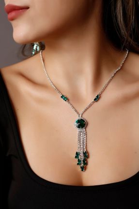 گردنبند جواهر سبز زنانه روکش نقره کد 459733586