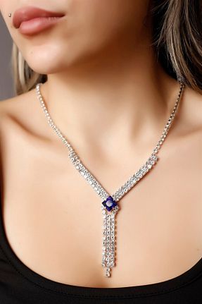 گردنبند جواهر آبی زنانه روکش نقره HUBANN - کد 450610294