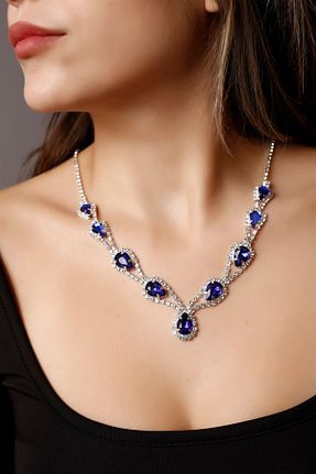 گردنبند جواهر آبی زنانه روکش نقره HUBANN - کد 445812144