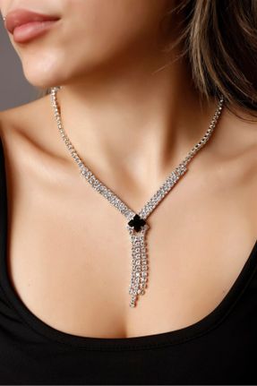 گردنبند جواهر مشکی زنانه روکش نقره کد 450611966