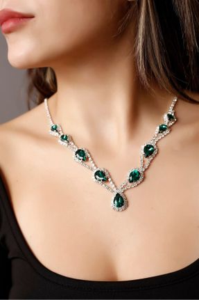 گردنبند جواهر سبز زنانه روکش نقره کد 446073763