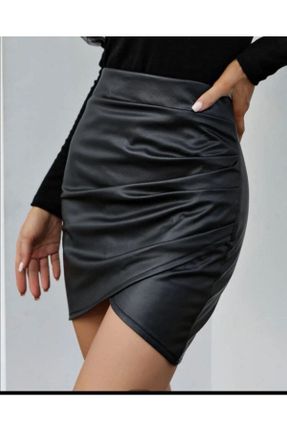 دامن مشکی زنانه چرم مصنوعی فاق بلند کد 327912026
