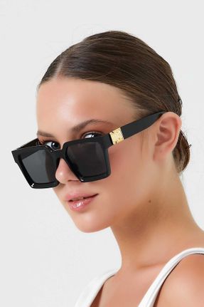 عینک آفتابی مشکی زنانه 50 UV400 فلزی مات مستطیل کد 104234409