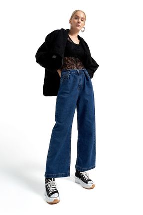 شلوار جین آبی زنانه پاچه راحت فاق بلند پنبه (نخی) بلند کد 776242033