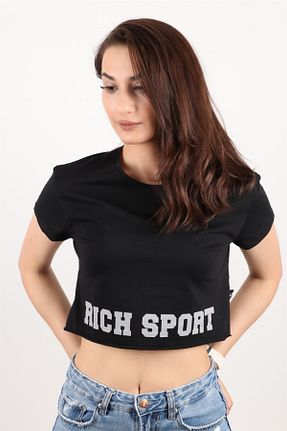 تیشرت مشکی زنانه کراپ Rich - کد 118239944