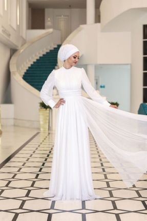 لباس مجلسی سفید زنانه یقه اسکی تور A-line کد 781955552