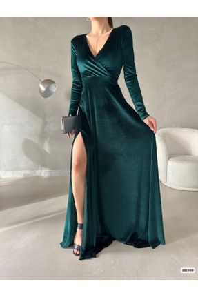 لباس مجلسی سبز زنانه یقه دوبل مخملی بدون آستر کد 782068213