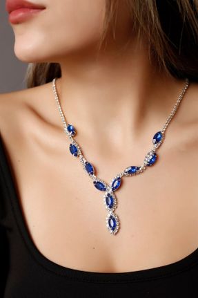گردنبند جواهر آبی زنانه روکش نقره کد 445782537