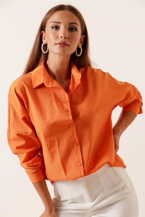 پیراهن نارنجی زنانه رگولار یقه پیراهنی پنبه - پلی استر کد 341707594