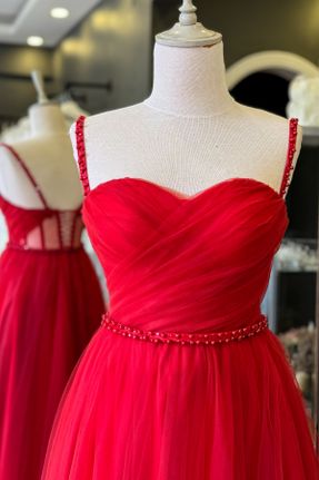 لباس مجلسی قرمز زنانه تور آویزی استراپلز آستر دار کد 782535772