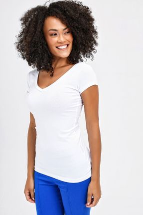 تی شرت سفید زنانه رگولار یقه هفت پنبه (نخی) کد 35505259