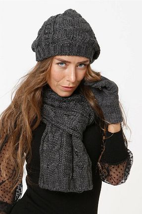 ست شال گردن و کلاه پشمی و دستکش طوسی زنانه اکریلیک EKstore - کد 782338714
