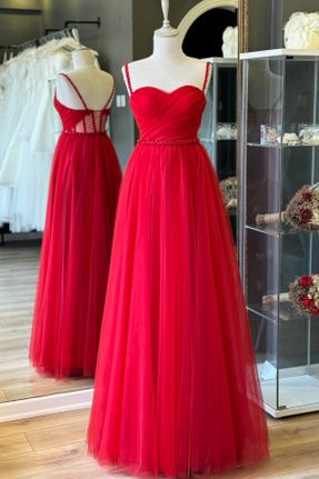 لباس مجلسی قرمز زنانه تور آویزی استراپلز آستر دار کد 782535772