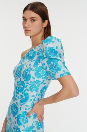 لباس آبی زنانه بافتنی پلی استر طرح گلدار رگولار تک آستین کد 686009383